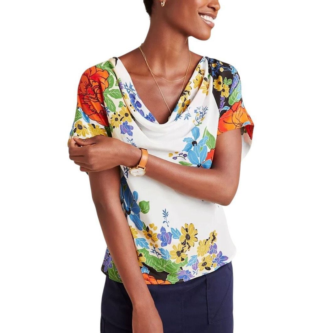 Anthropologie Maeve Clover Cowl Neck Pullover Lightweight Floral Silk Blouse Sz
